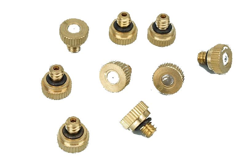 Brass one-section atomizing nozzle multiple angles on white background