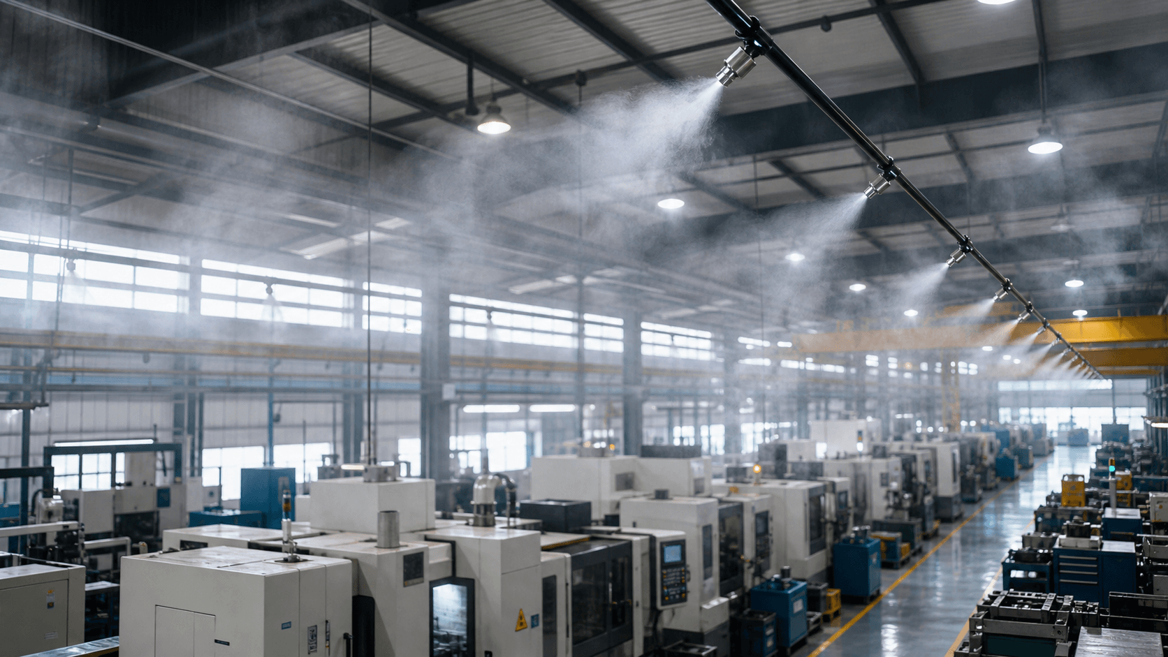 Factory cooling misting system with high pressure nozzles