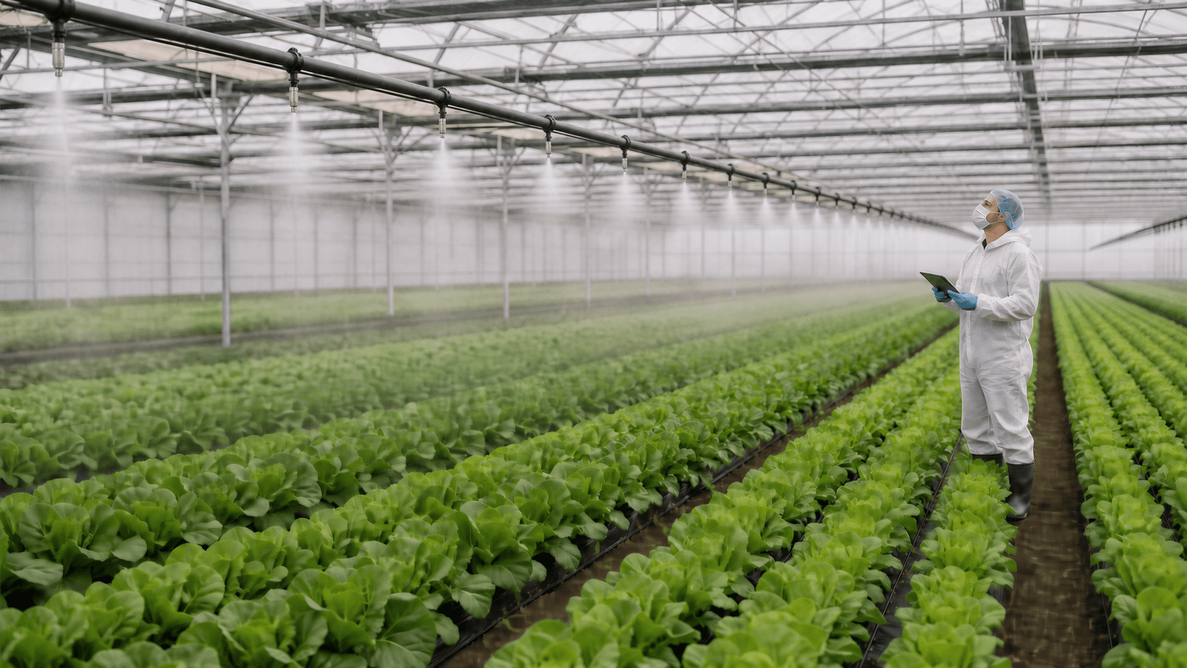 Greenhouse spraying misting system using high pressure nozzles