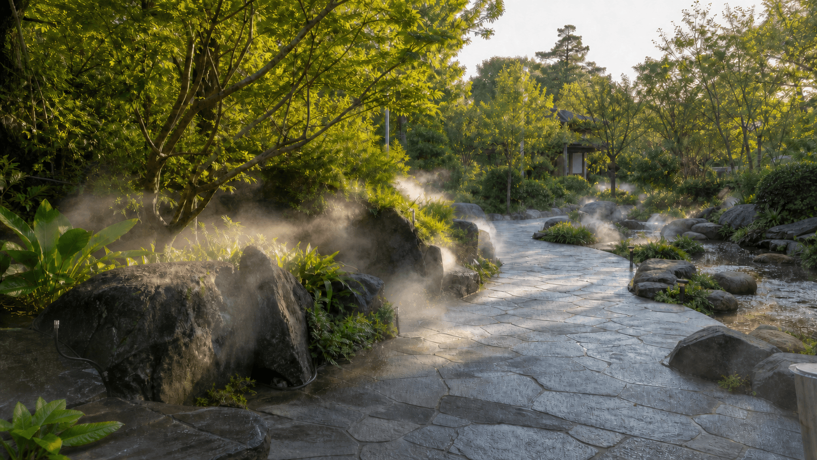 Landscape fogging misting system with high pressure nozzles