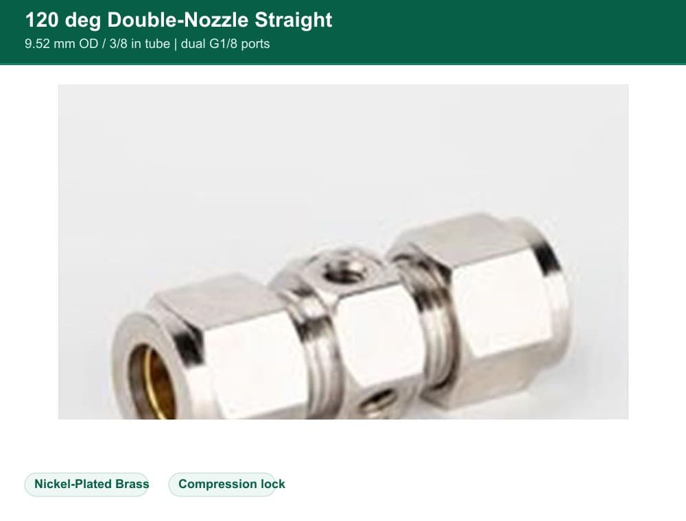 Nickel-Plated Brass 9.52 mm compression quick fitting 120 Degree Double-Nozzle Straight