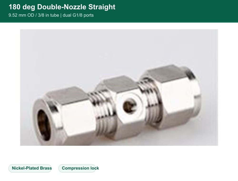 Nickel-Plated Brass 9.52 mm compression quick fitting 180 Degree Double-Nozzle Straight