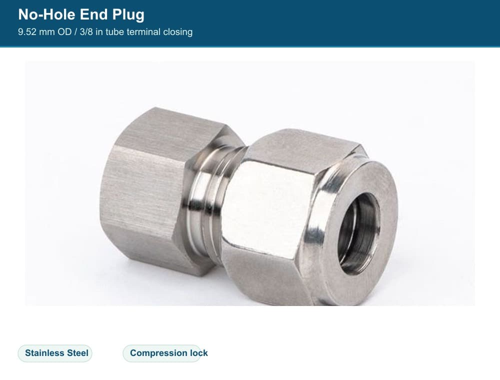Stainless Steel 9.52 mm compression quick fitting No-Hole End Plug
