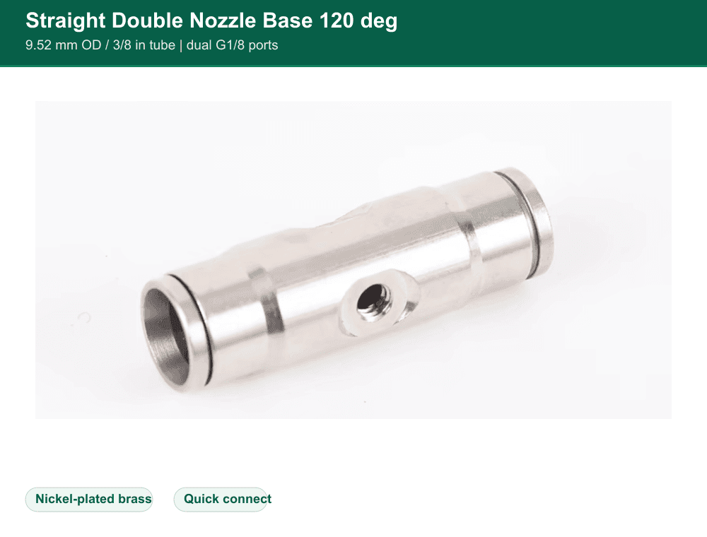 Brass 9.52 mm straight 120 degree double-nozzle fitting
