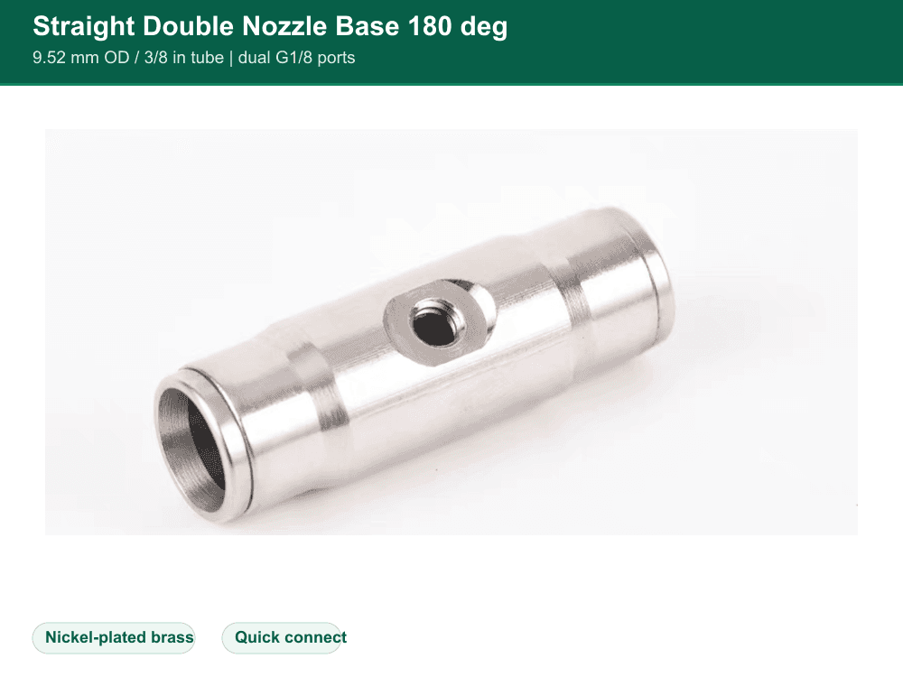 Brass 9.52 mm straight 180 degree double-nozzle fitting