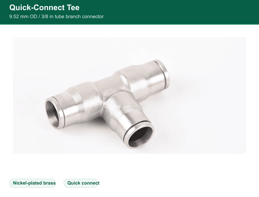Brass 9.52 mm quick-connect tee fitting