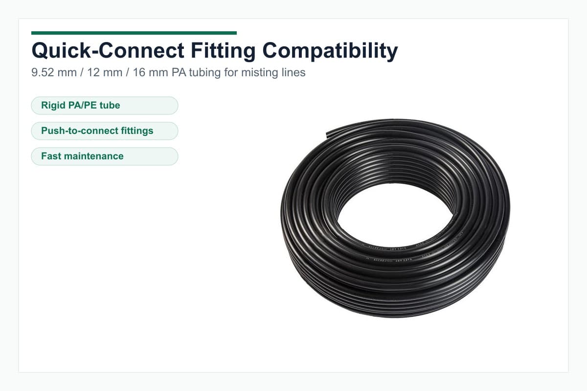 PA tubing quick connect fitting compatibility for misting systems